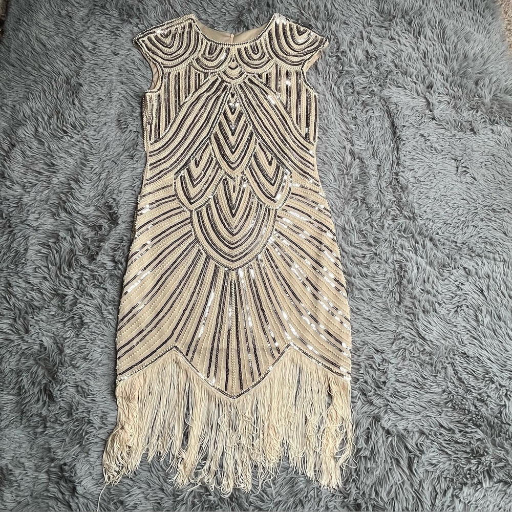 Flapper Dress Womens Size Medium Lined Fringe Beaded Sequins Cream Silver